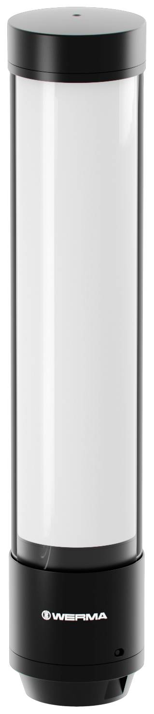 A cylindrical signal device with a white illuminated body and black base, used for indicating machine status messages.