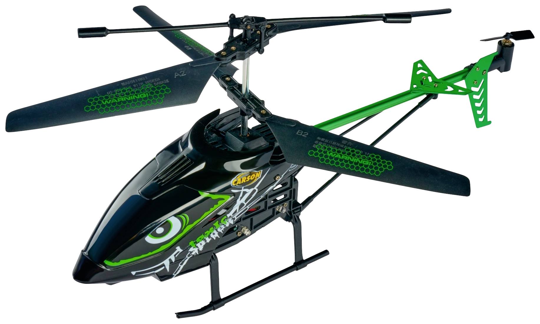 Toy helicopter with black and green design, two rotors, and a prominent eye on the front of the fuselage.