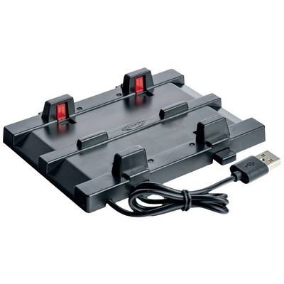 A rectangular black device with multiple mounting points and a connected USB cable. It has red markings in two locations.