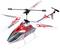 A remote-controlled helicopter with red and white design, decorative flame patterns, and warning notices 'WARNING'.