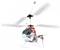 A toy helicopter with a shark-like face and red and white paintwork flies, with rotating rotor blades visible.