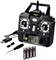 Radio remote control with two control sticks and an LCD screen. Accessories: USB cable, screwdriver and four AA batteries.