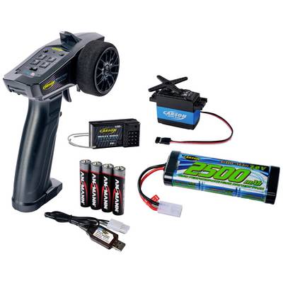 An RC remote control set with remote control, battery, charger, receiver, servo, and batteries. Suitable for model vehicles.