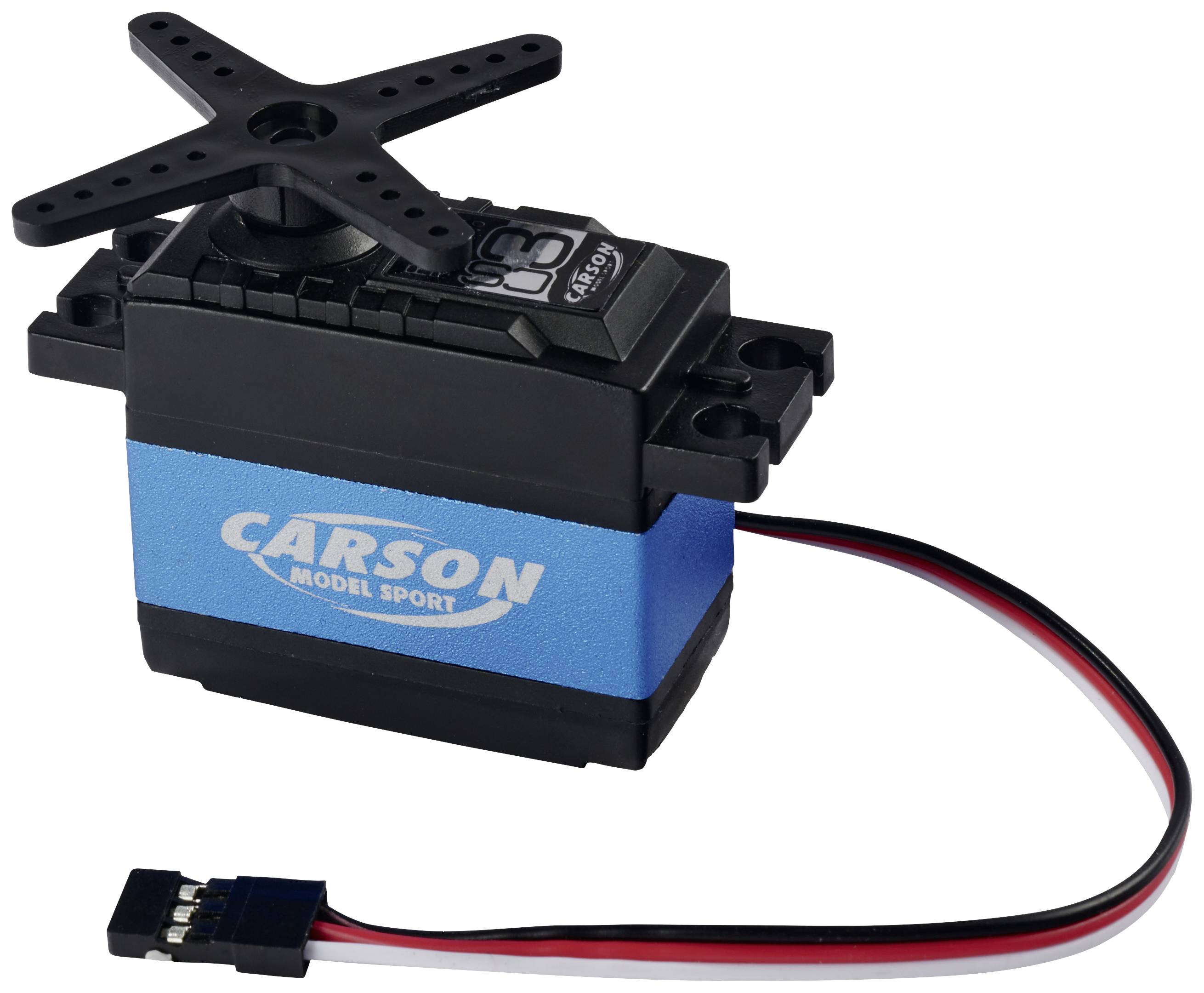 A blue Carson model building servo with black mounting points and a multi-coloured cable for remote-controlled models.