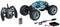 Remote-controlled monster truck-style car with blue and black colouring, remote control, batteries, USB charging cable and rechargeable batteries.