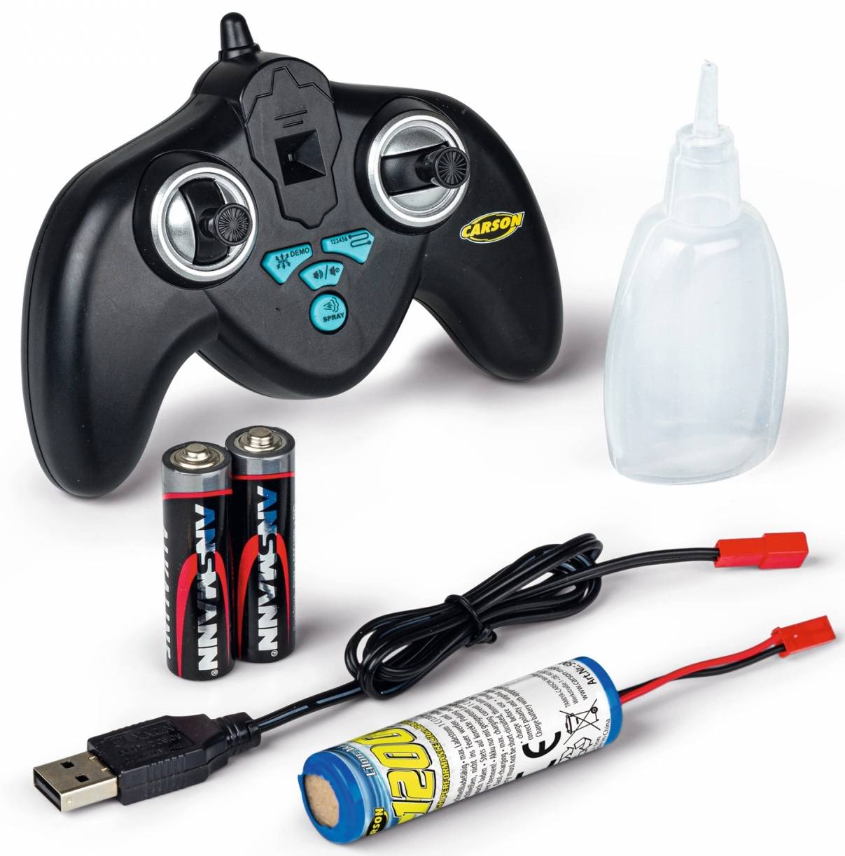 Remote control with two buttons, batteries, charger, and oil bottle, most likely for a remote-controlled vehicle or toy.