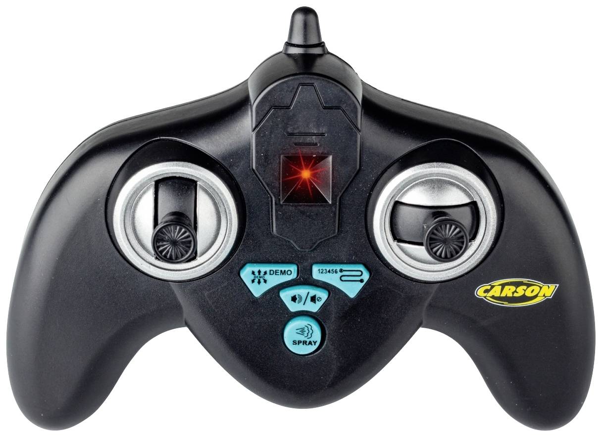 Black remote control controller with two joysticks, a glowing red light in the centre, and Carson logo in the bottom right.