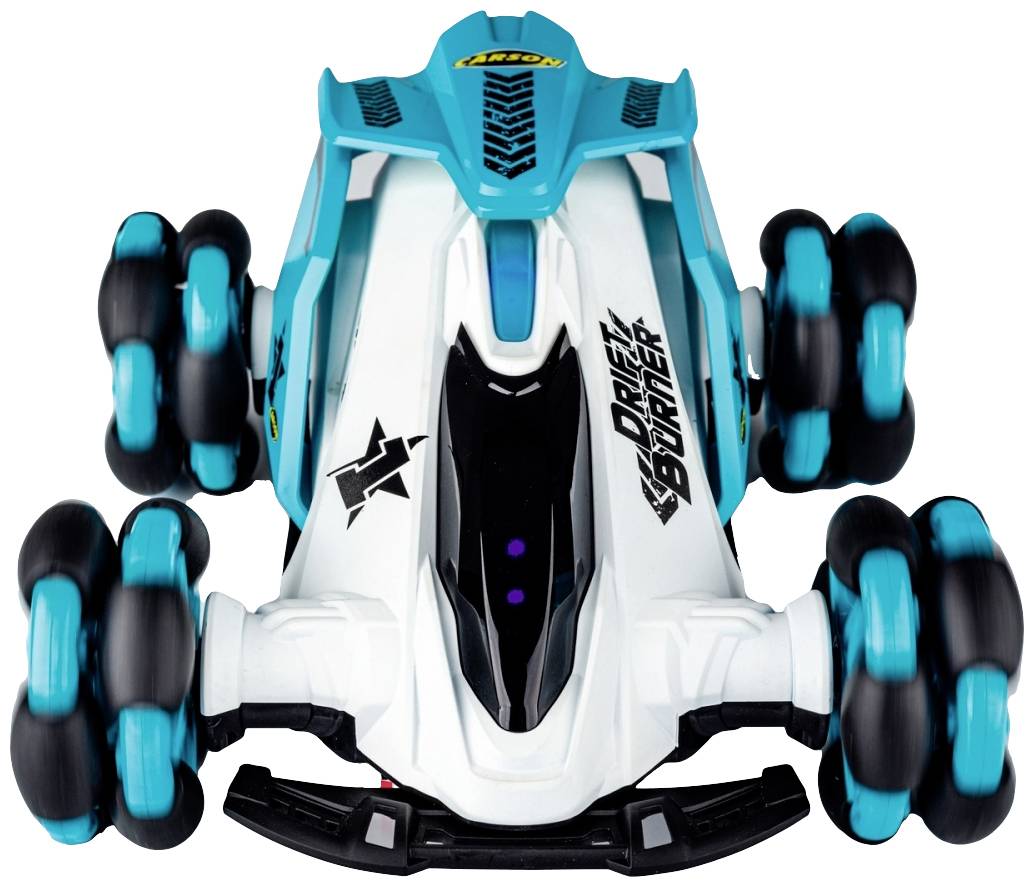 Remote-controlled car, white and blue, with four large wheels, marked with 'Drift Sorber', viewed from above.