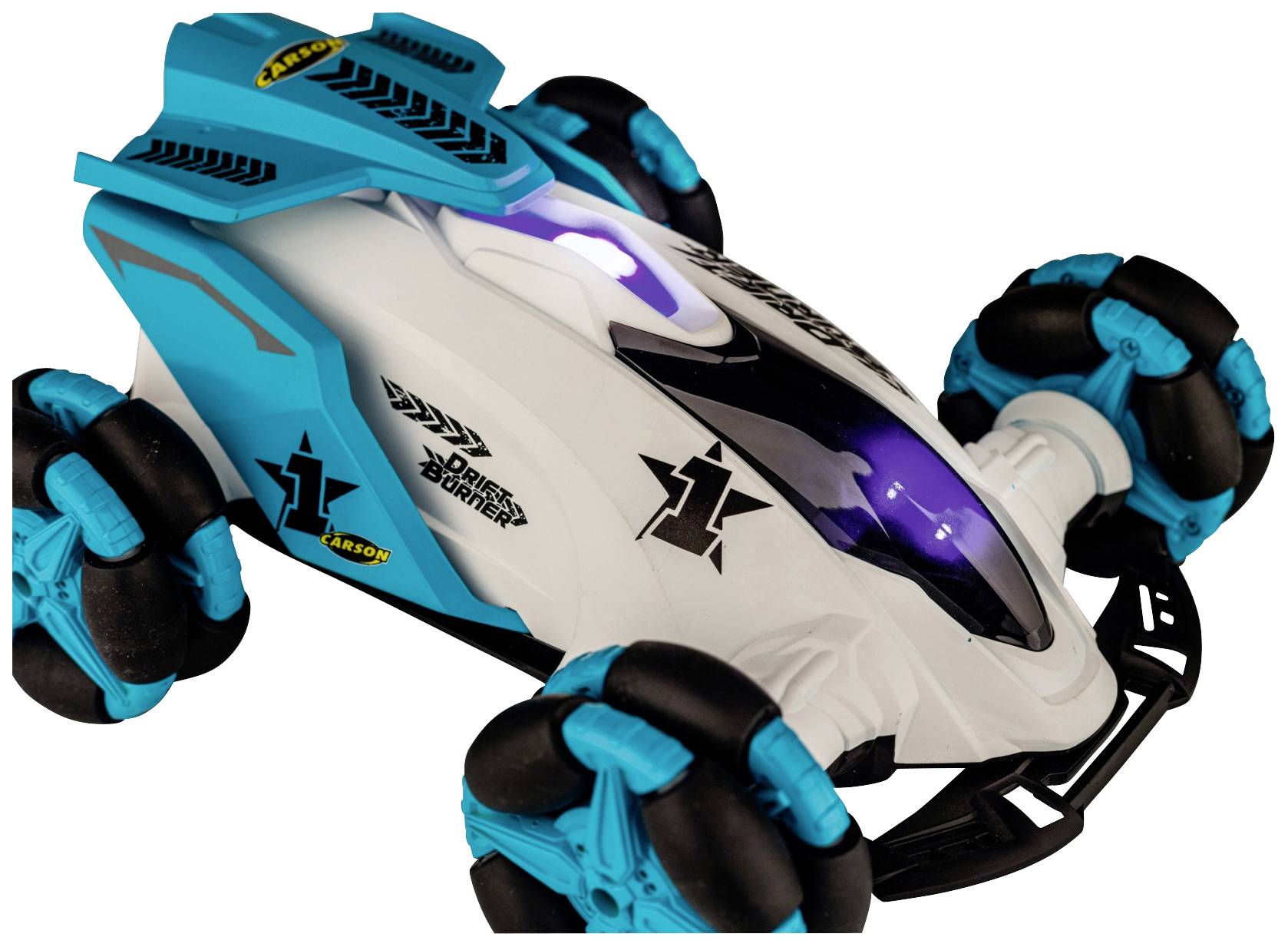 A remote-controlled car with a blue and white bodywork and specialised wheels that enable versatile movements.