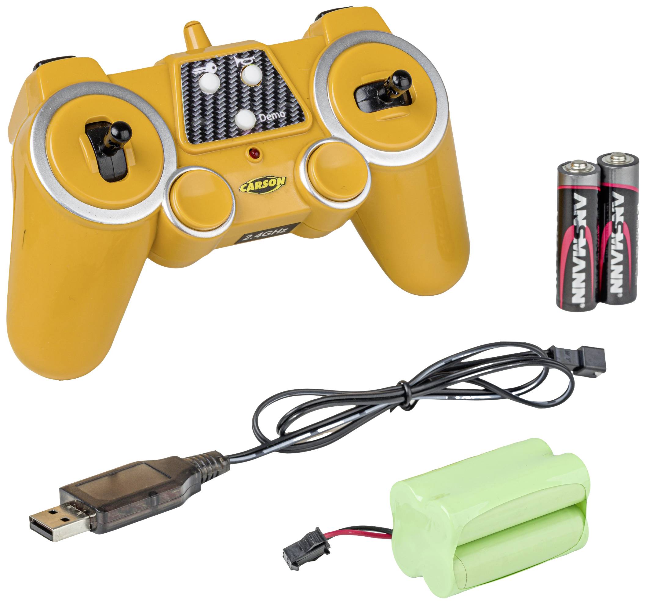 Orange remote control with two joysticks and switches, battery compartment. Includes two AA batteries, a green rechargeable battery, and a USB charging cable.