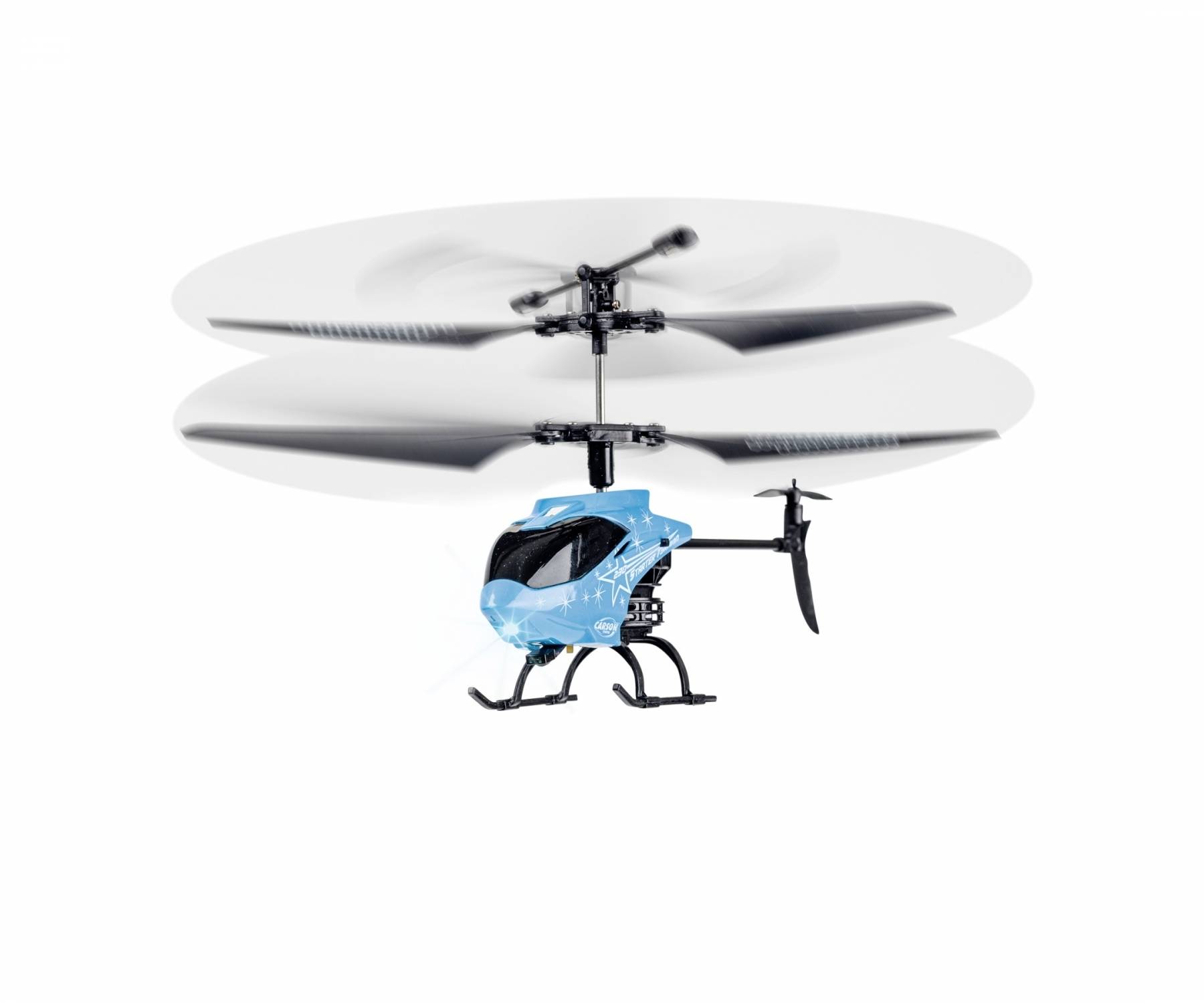 A blue-black toy helicopter with two rotor blades hovers in the air.