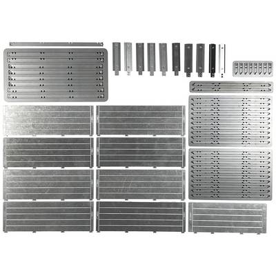 Metal plates and brackets in various sizes, neatly arranged in rows.
