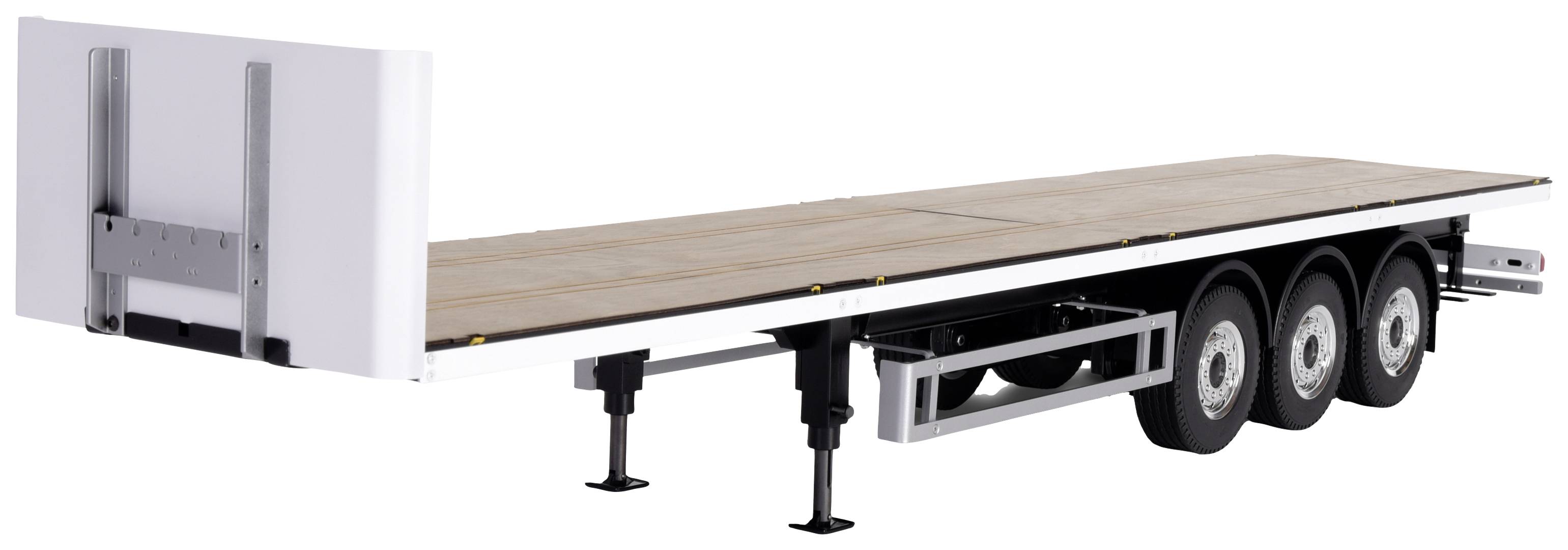 Three-axle, open flatbed trailer with a flat wooden deck, side support legs, and three rear tyres. Suitable for oversized loads.