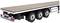 'An empty three-axle trailer without bodywork, with a flat platform and spare tyres, suitable for the transportation of goods.'