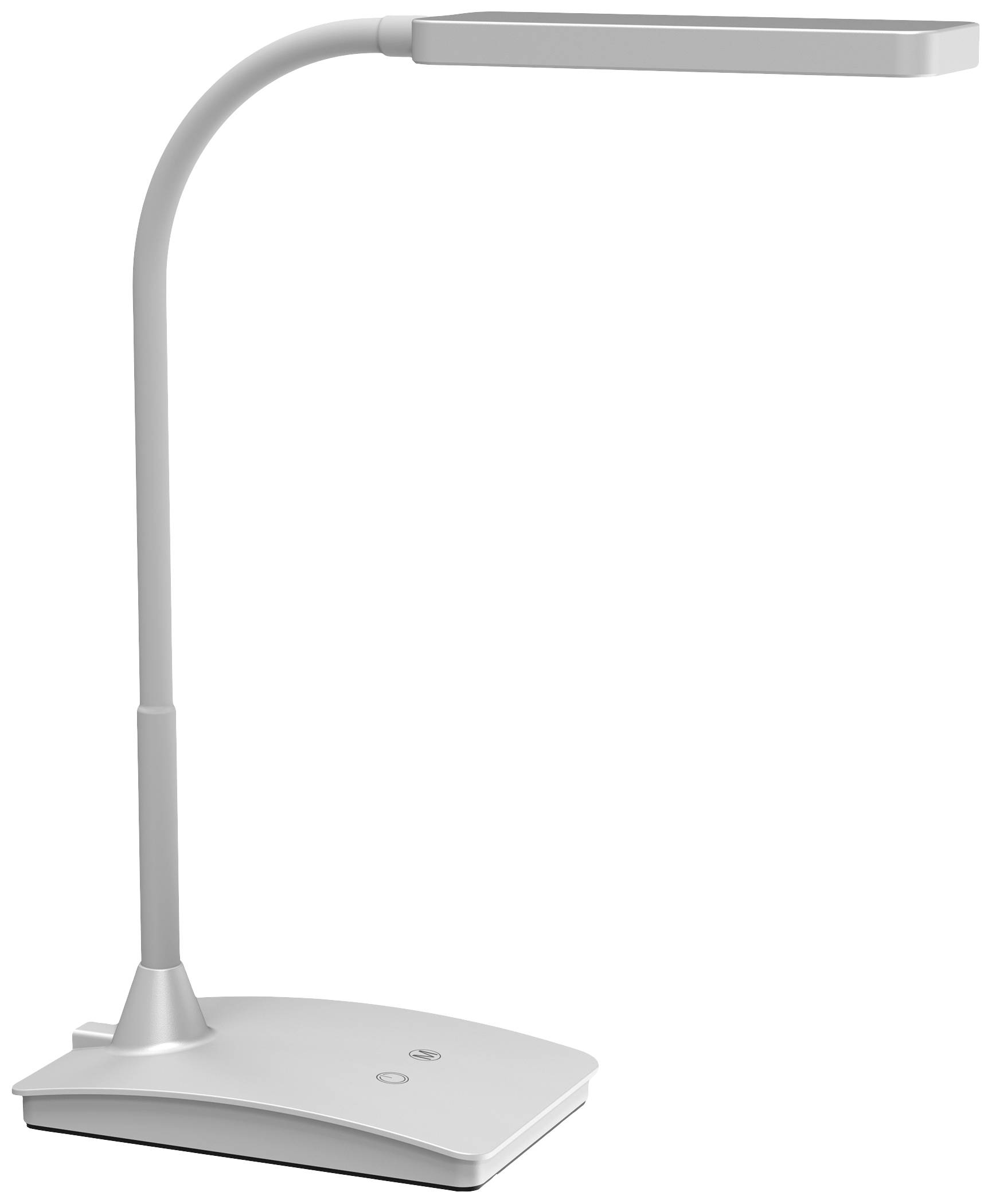 A modern, white LED desk lamp with a flexible, curved neck, rectangular light head and sturdy base. Suitable for desks.