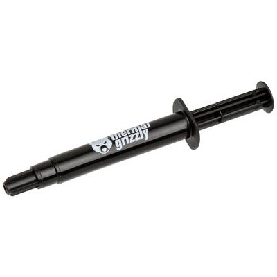 A black syringe with the inscription 'thermal grizzly', used for applying thermal paste to computer components.