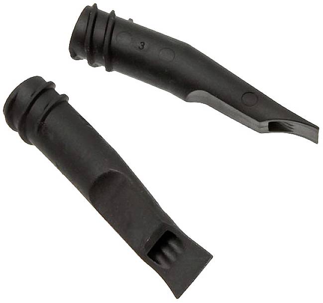 Two black plastic trekking pole tips, shown individually. They serve as replacement parts for walking poles.