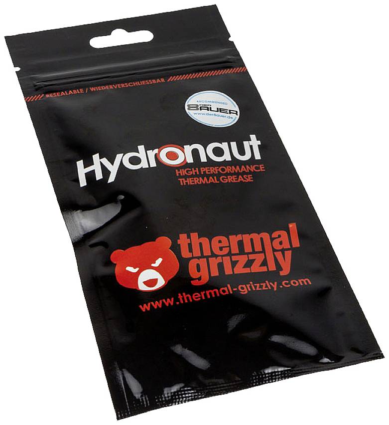 'Packaging for Hydronaut thermal paste by Thermal Grizzly, black with a red bear logo and product information.'