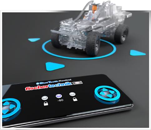 A transparent model car is controlled by remote control. The remote control shows buttons for steering and speed.
