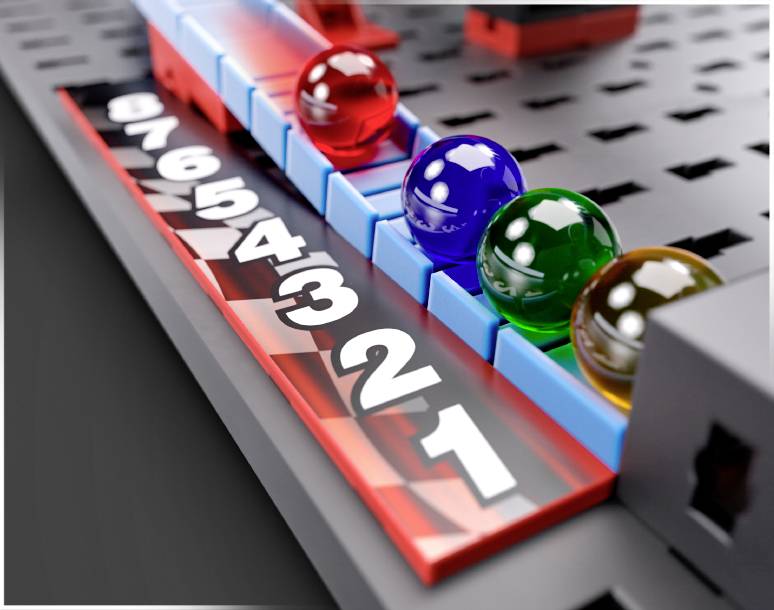 Four colourful glass balls (red, blue, green, yellow) are placed one after another on numbered squares 1 to 7 on a game board.