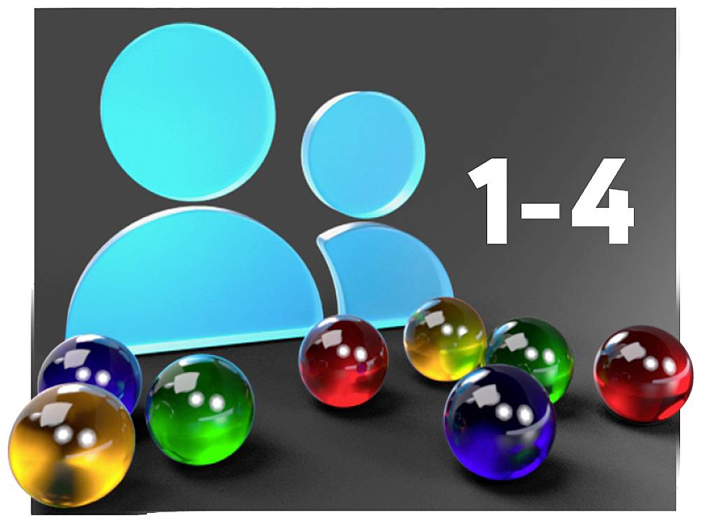 Blue figure symbols on a grey background next to the numbers '1-4', surrounded by colourful balls.