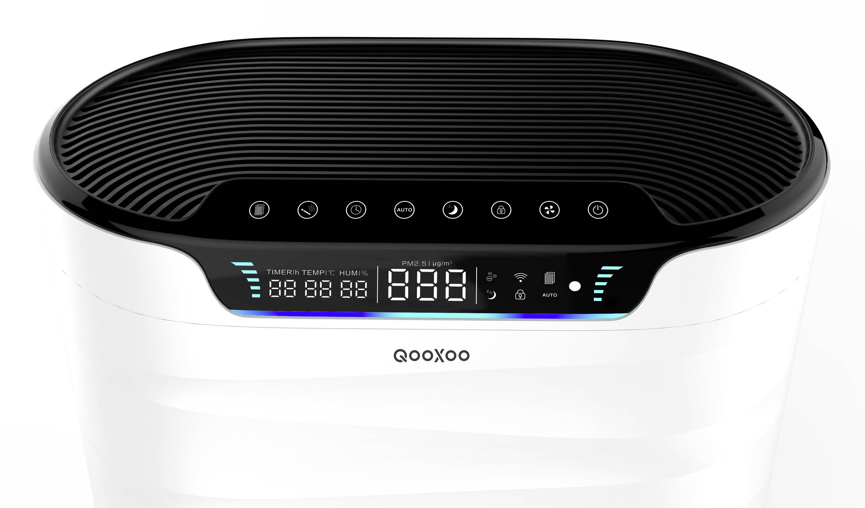 A modern, white, rectangular household appliance with a digital control panel on top, displaying numbers and symbols, most likely an air purifier.