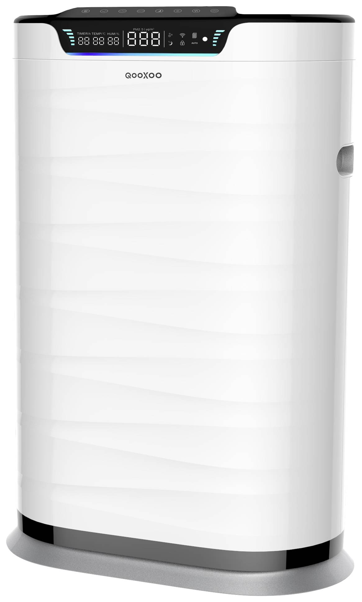 A white air purifier with a digital display on the top, showing various settings and functions.