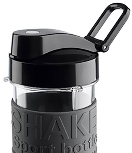 A black sports water bottle with a lid and carry handle.