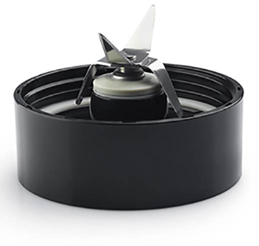 A black blender attachment with sharp stainless steel blades viewed from above. The attachment is round and looks like it belongs to a kitchen appliance.