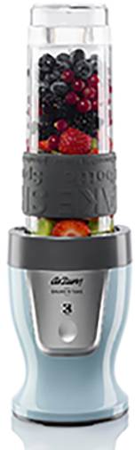 A blender with a transparent container, filled with berries and fruit. The blender has a modern design in light blue.