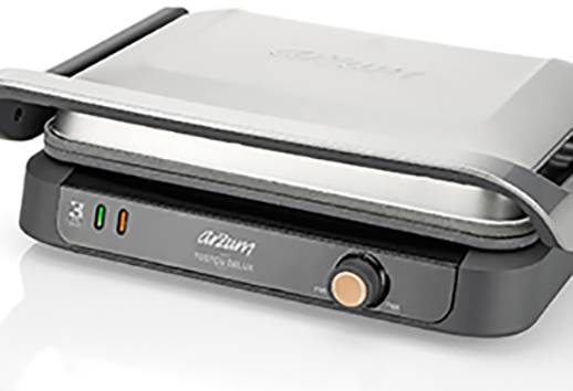 A contact grill with a grey casing and a dial at the front. Ideal for grilling sandwiches or meat.