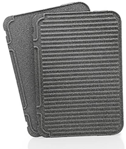Two rectangular, ridged black grill plates stacked on top of each other. They have rounded corners and a textured surface.