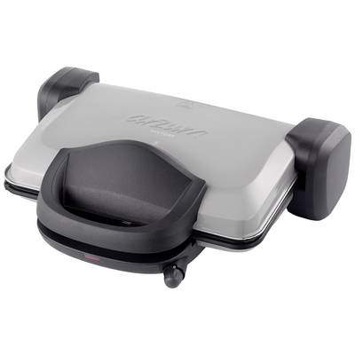 Electric contact grill in silver with a black handle, suitable for grilling meat, fish, or vegetables in the kitchen.