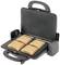 A toasted sandwich maker with four golden-brown toast slices on the ridged grill plate, ready to be served.