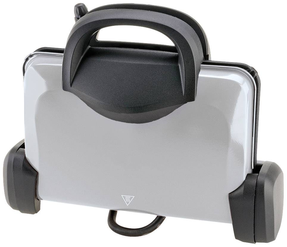 Portable sandwich maker in grey with black handles, standing vertically on a black base.