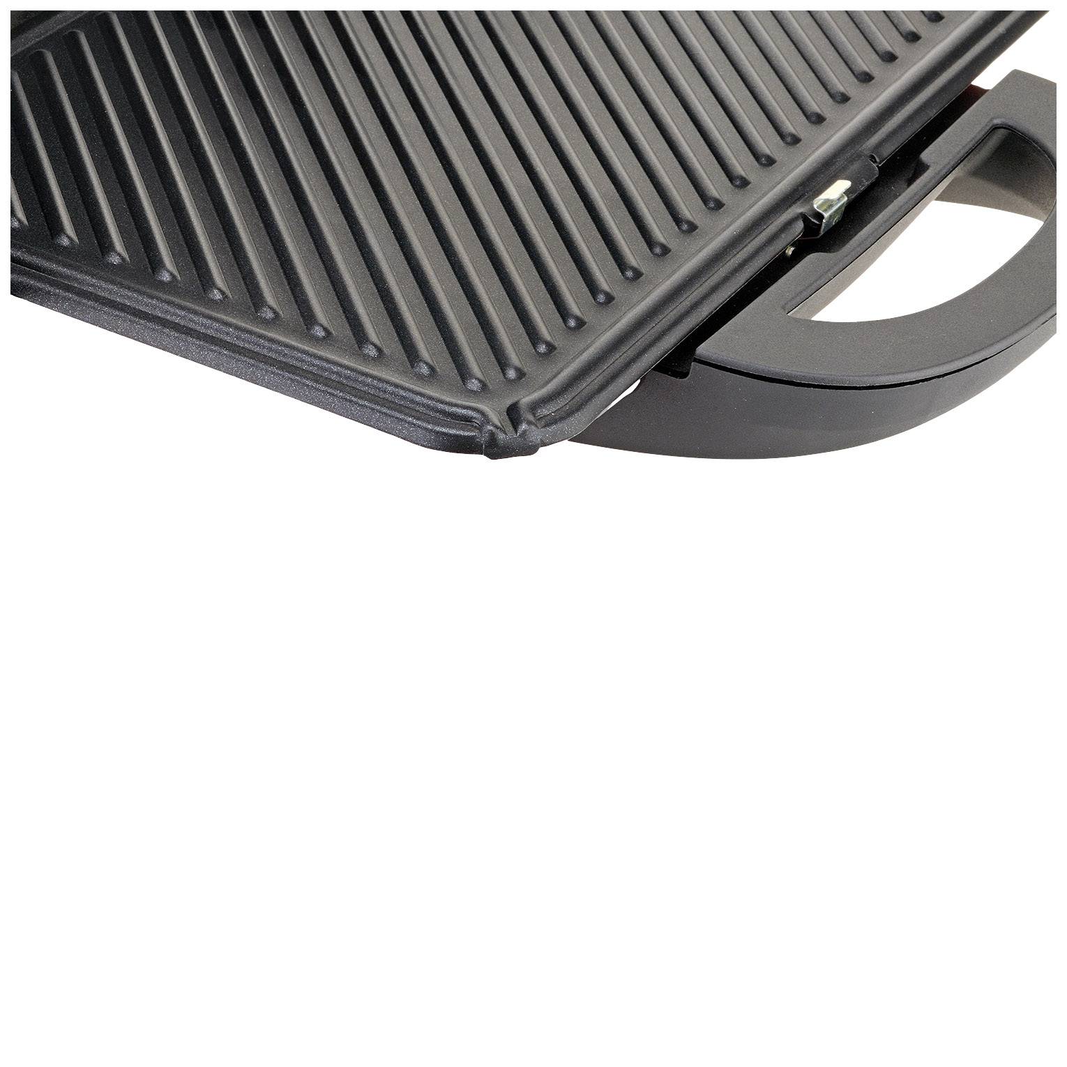 Electric contact grill in closed position with ridged non-stick surface, suitable for meat and sandwich preparation.