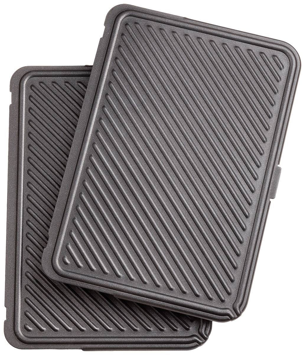 Two stacked, ribbed metal plates with diagonal lines. They could be broiler plates or grill accessories.
