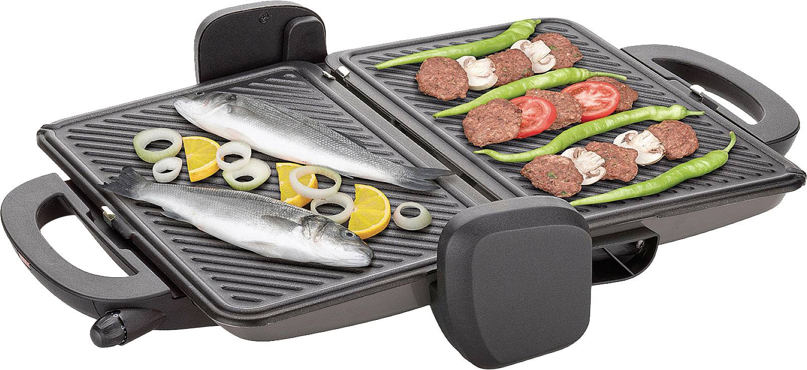 An electric table grill with grilled fish, onion rings, lemon slices, burger patties, tomatoes and green beans.