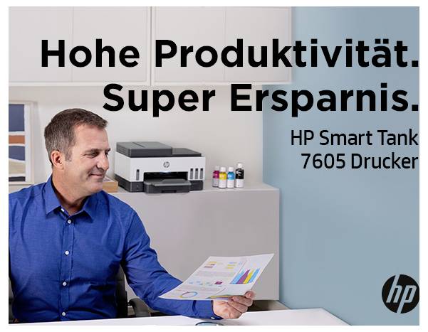 Ad showing a man holding a printed color report beside an HP printer, with German text 'Hohe Produktivität. Super Ersparnis.' and 'HP Smart Tank 7605 Drucker' and HP logo.