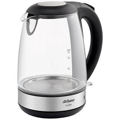 A transparent glass kettle with a black handle and water level indicator scale, with the brand name 'Arzum' visible.