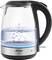 A glass electric kettle with black details, half-filled with boiling water, with the indicator line showing from 'MIN' to 'MAX'.