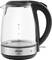 A transparent kettle with a black handle and metal base, brand name 'Arzum Glassy'. Capacity markings on the glass.