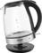 A transparent kettle with a black handle and silver base, showing fill markers in litres up to a maximum of 1.7 litres.