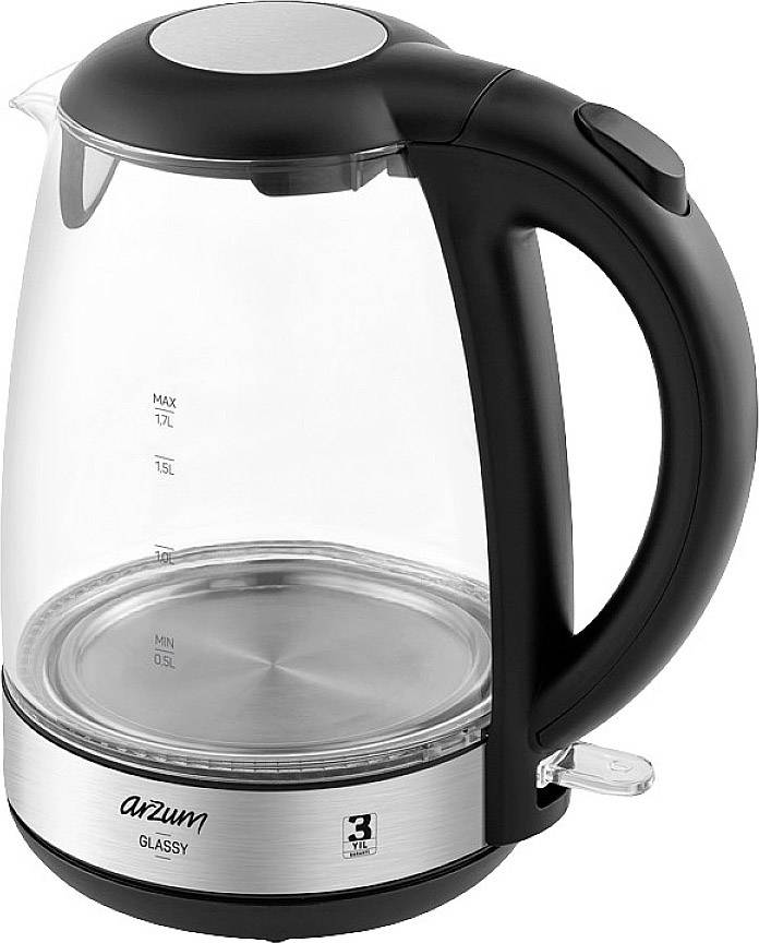 A transparent kettle with a black handle and lid, and a metal base. The water level indicator and brand name are visible.