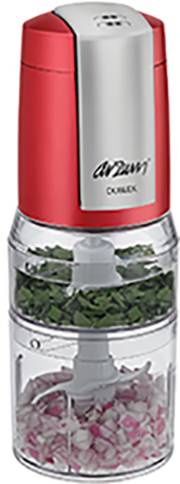 A red and silver chopper with a transparent container shows chopped herbs at the top and chopped onions at the bottom.