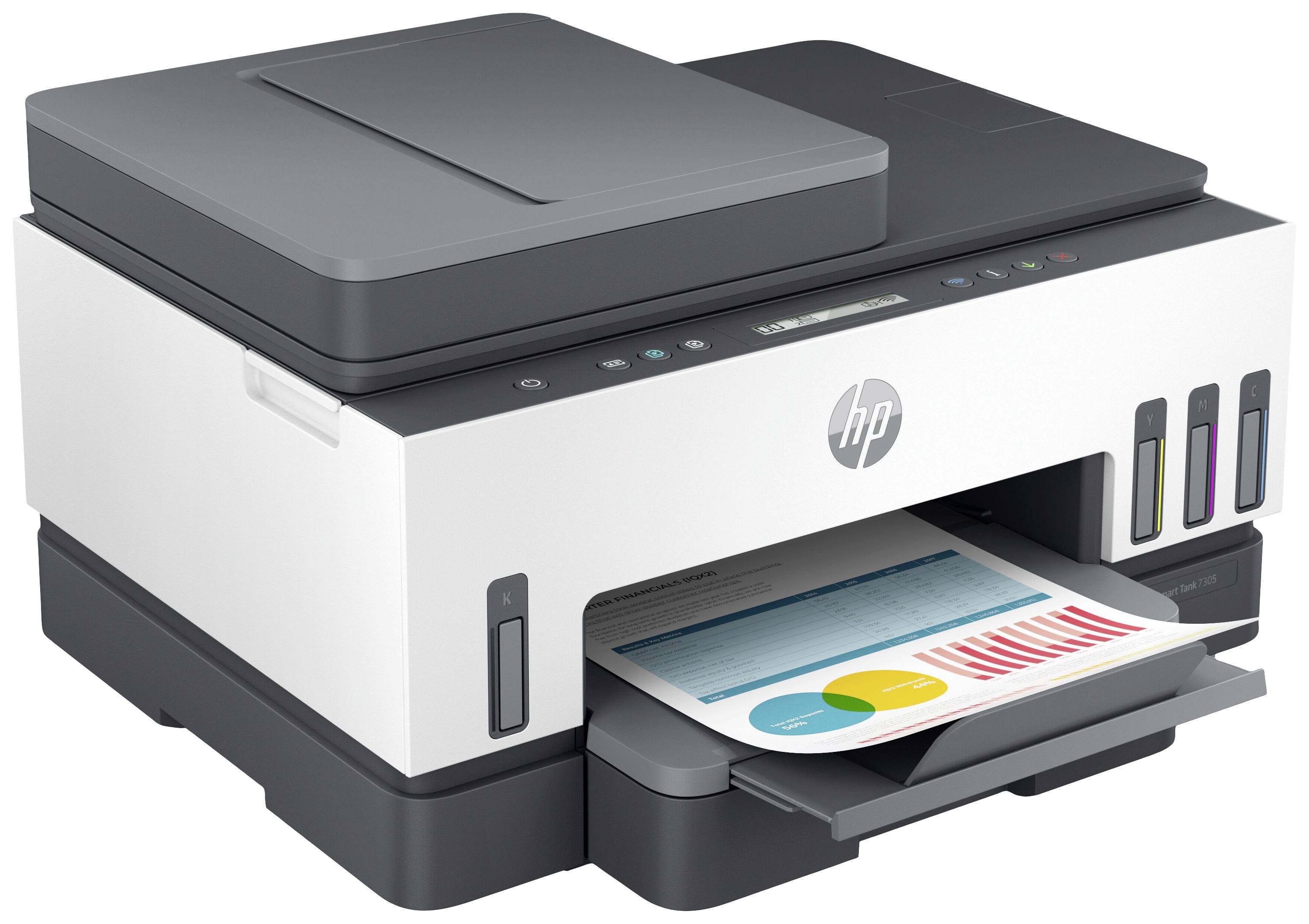 A printer with a printed sheet containing coloured graphics. The printer is modern and designed in black and white.