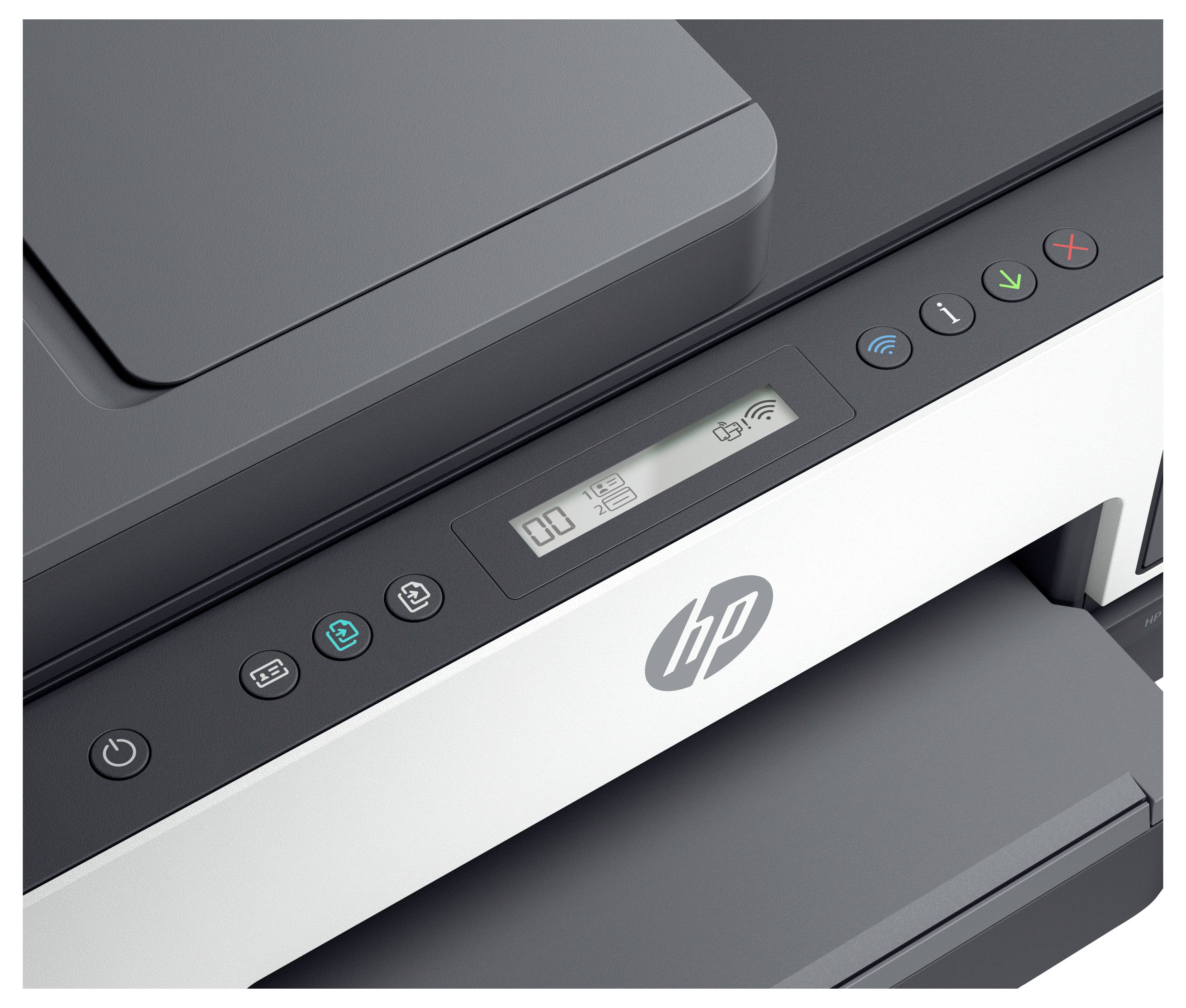 Close-up of an HP multifunction printer control panel with LCD display, Wi-Fi indicator, and power, info, copy, and cancel buttons.