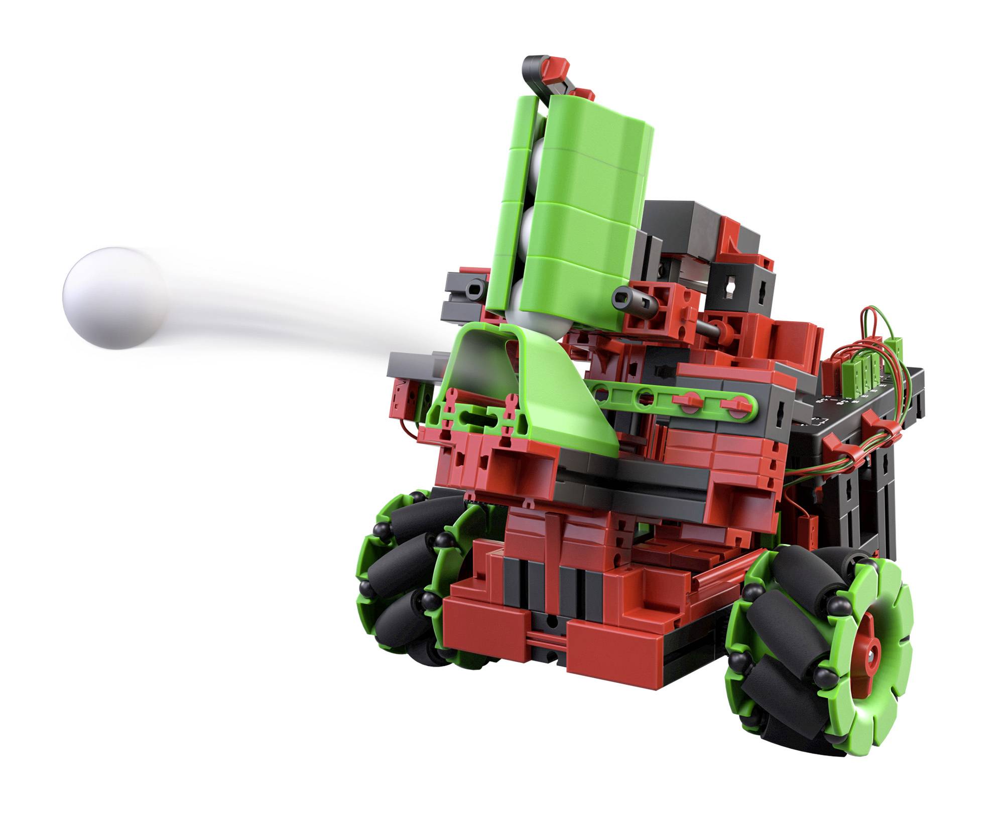 A colourful robot made of building blocks fires a ball. The robot has multiple wheels and a prominent green pipe on top.