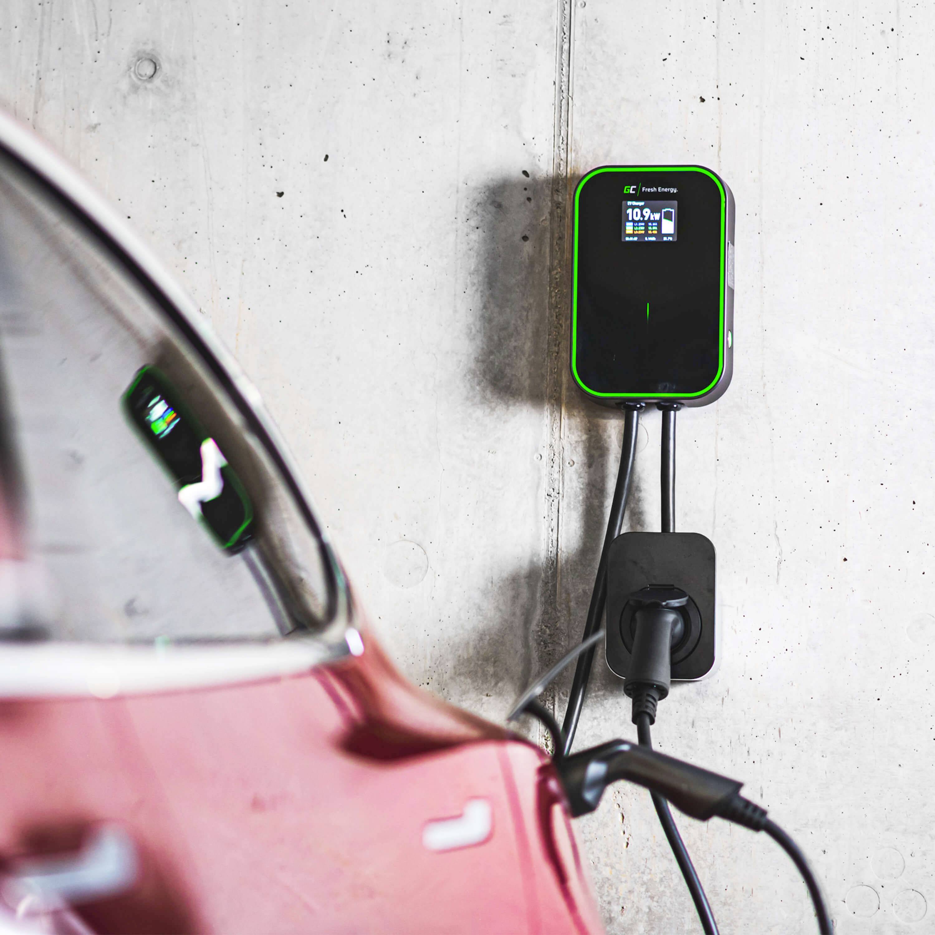 A red electric car is charging at a charging point in a garage. The charging point is wall-mounted and displays the charging status.