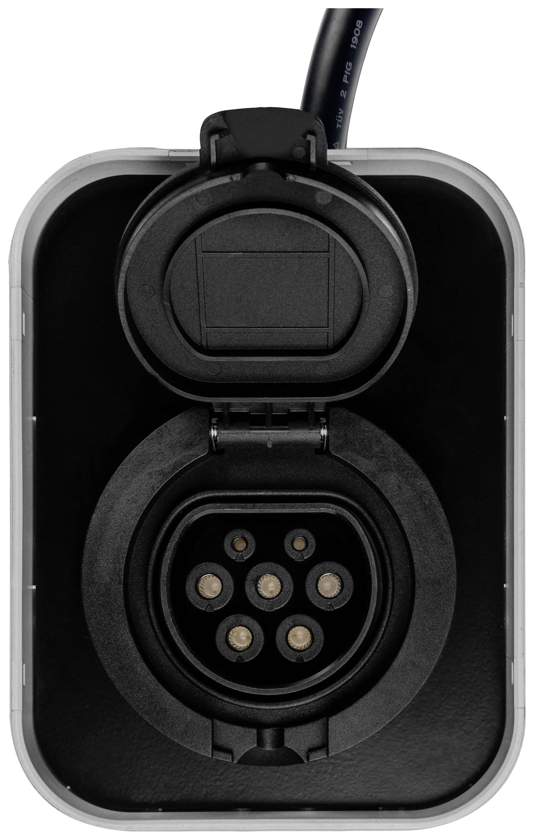 Electric vehicle charging socket, rectangular, with an open flap cover and visible contacts.